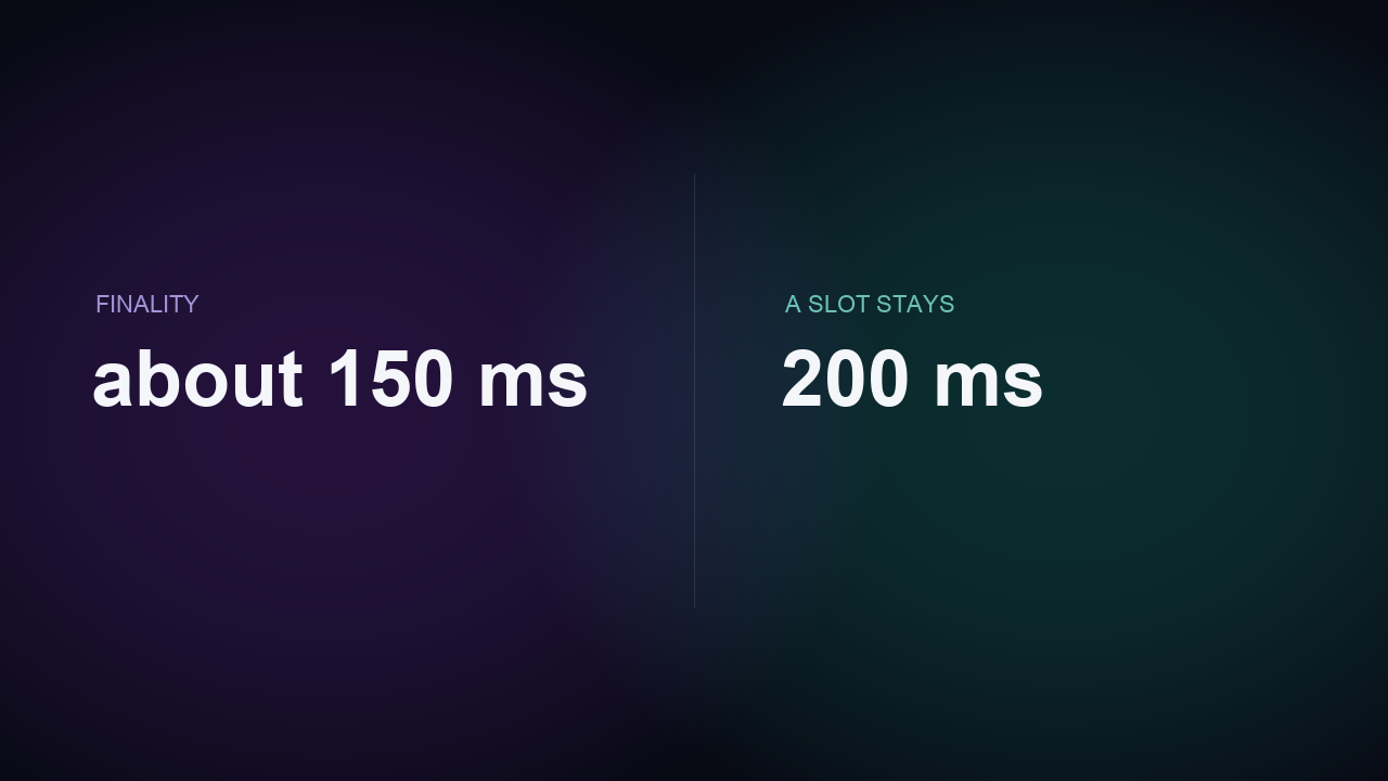 Two clocks: finality about 150ms, and the slot stays 200ms