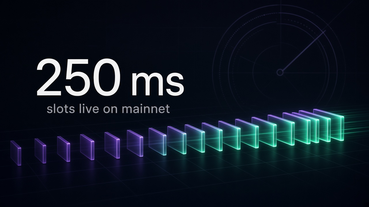Solana 250ms slots: glowing blocks packing tighter along a dark timeline